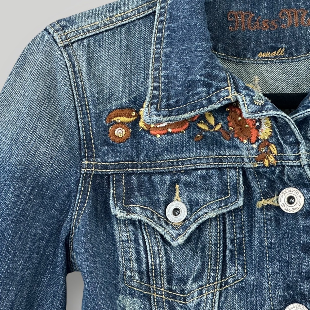 Miss Me Denim Jacket Womens Small Blue Embroidered Floral La Quinta Western Boho - Picture 3 of 13